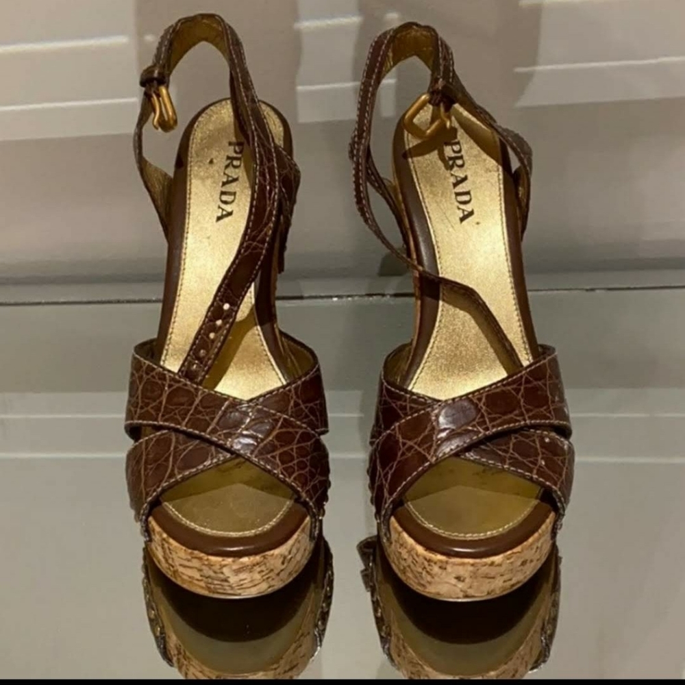 Prada Alligator Cork Heel Platforms
